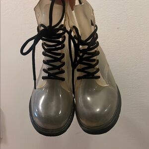 Black Combat Boots with Translucent Design and Rounded Toe
